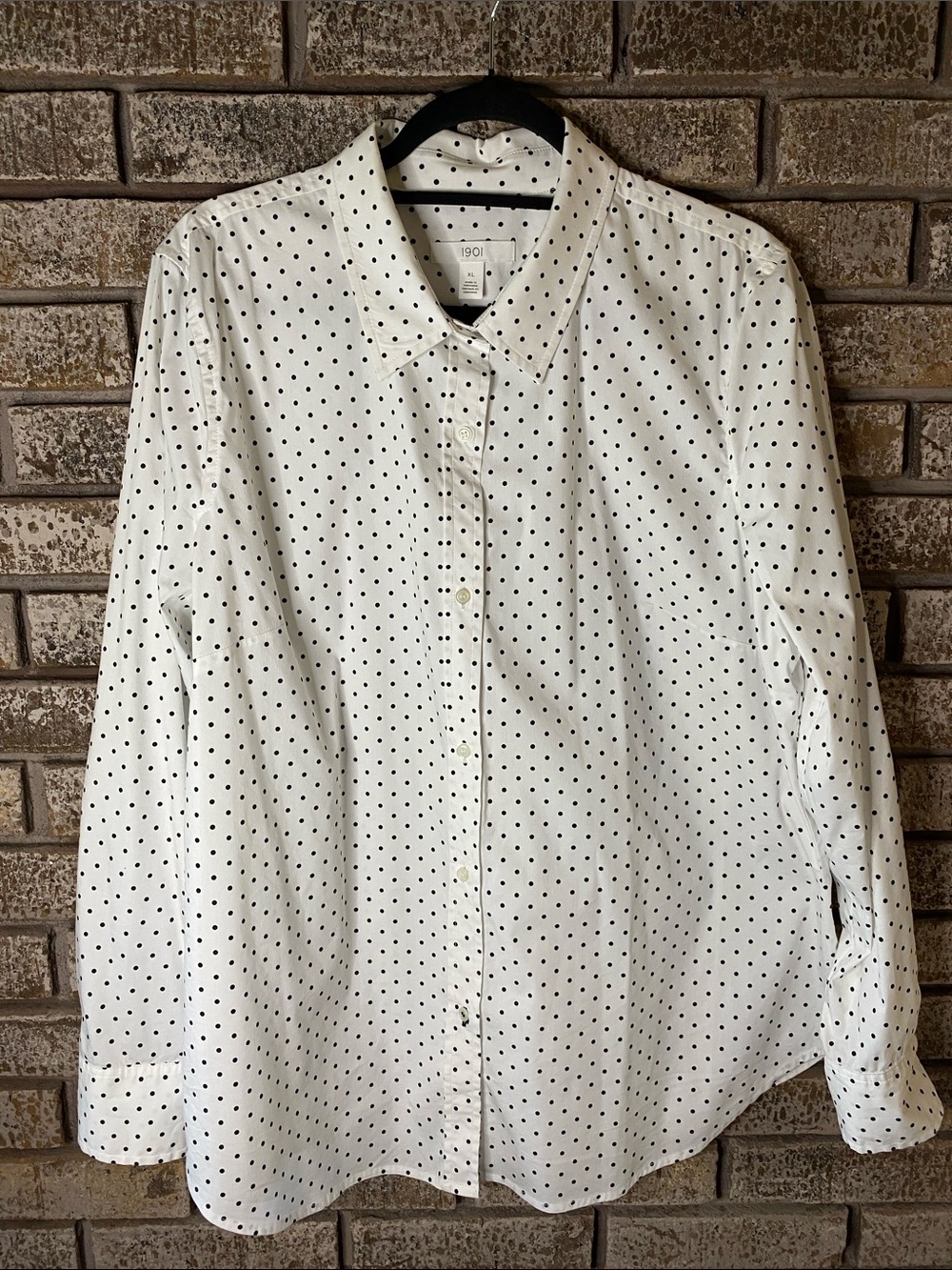 1901 Women’s White Button-Down Shirt with Black Polka Dots.